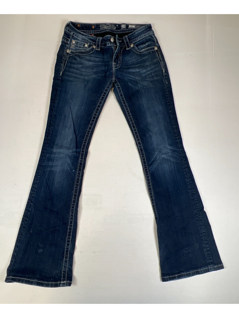 Miss Me Women 28 Signature Boot Blue Denim Jeans Embellished Zigzag Flap Pockets